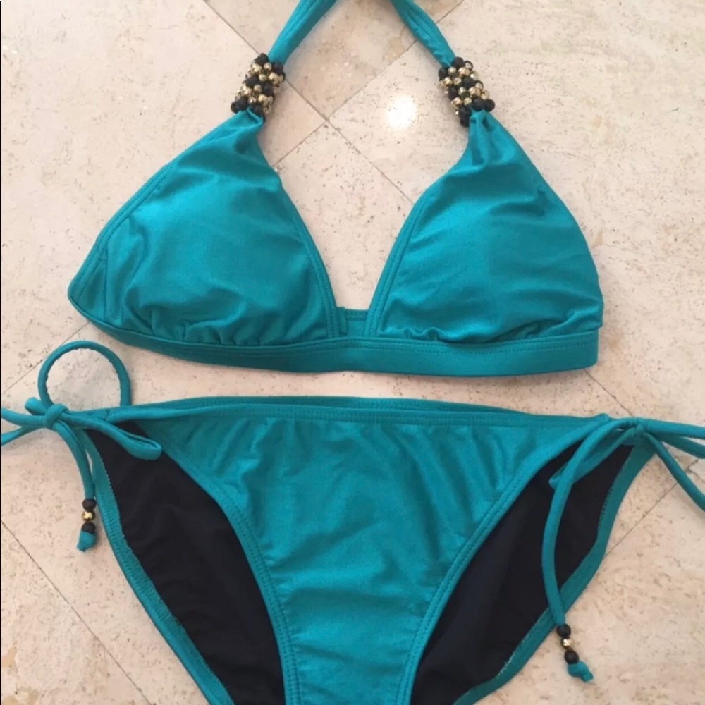 NEW TEAL BEADED DETSIL BIKINI BY XHILARATION SZ S
